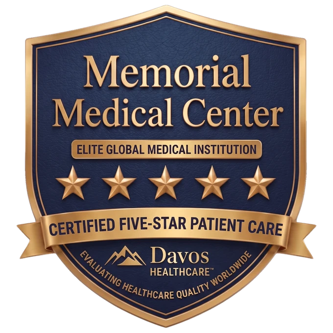 The Davos Healthcare Global Elite Five-Star Medallion, shown for a sample hospital, Memorial Medical Center